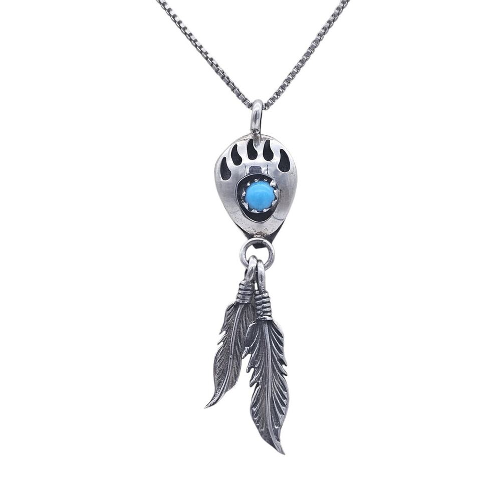 Vintage Sterling Siilver Bear Paw and Feather Turquoise Pendant Necklace